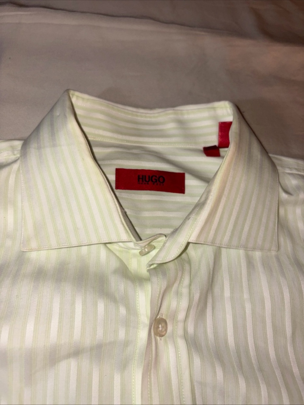 HUGO BOSS Light Green and White Striped Dress Shirt